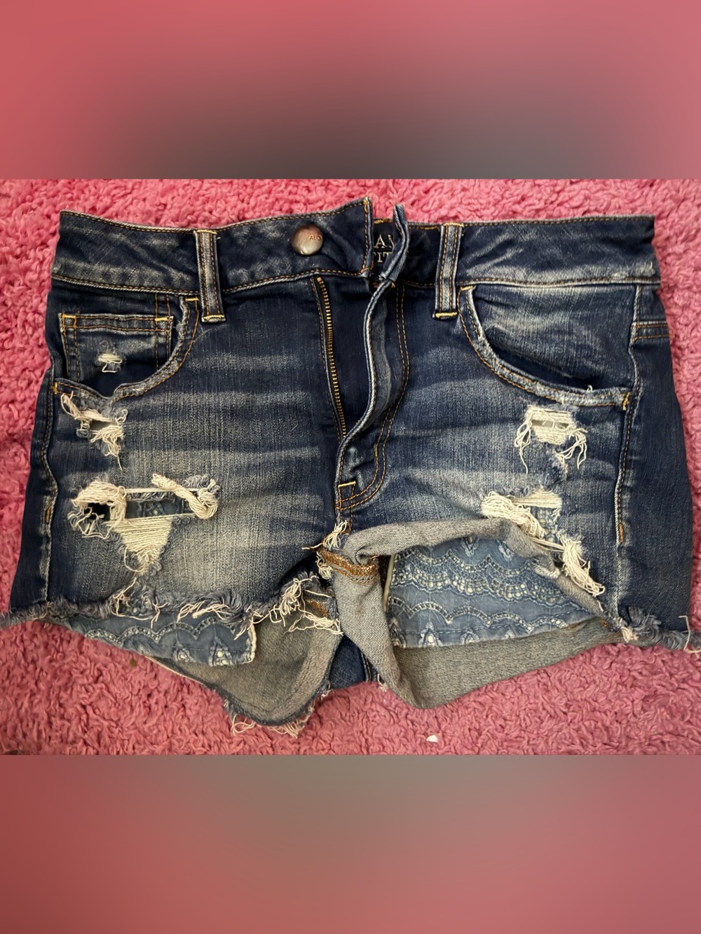 American Eagle Outfitters Distressed Blue Denim Shorts with Lace Inset